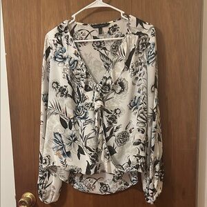 White House Black Market ruffled floral chiffon faux wrap blouse